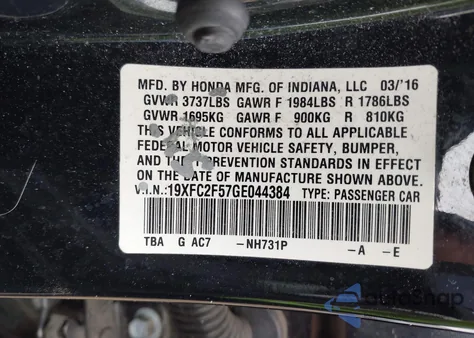 2016 Honda Civic Lx from USA, damaged, VIN 19XFC2F57GE044384